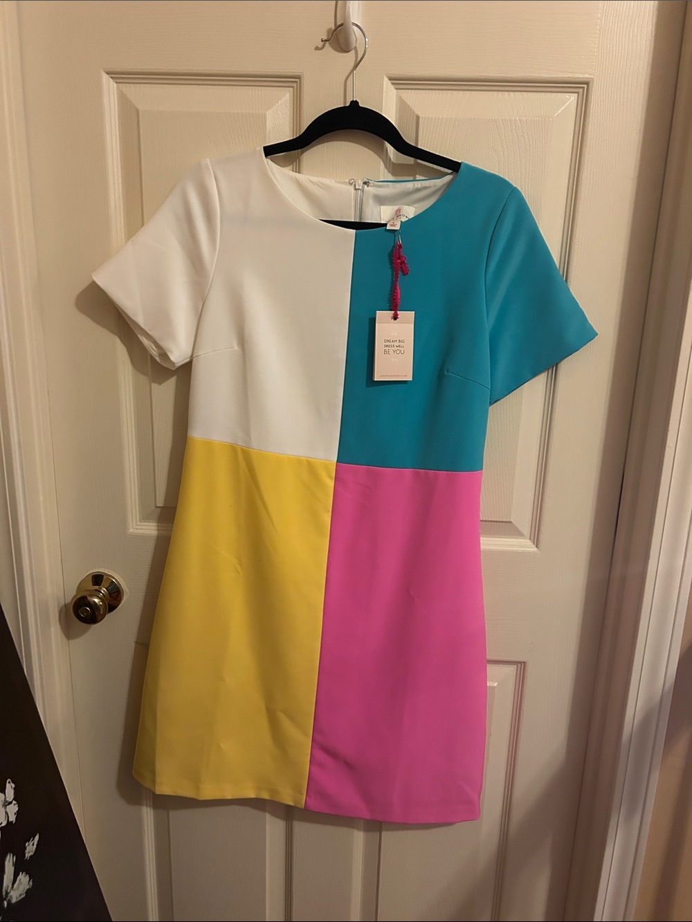 JB by Julie Brown White, Teal, Yellow & Pink Colorblock Mini Dress